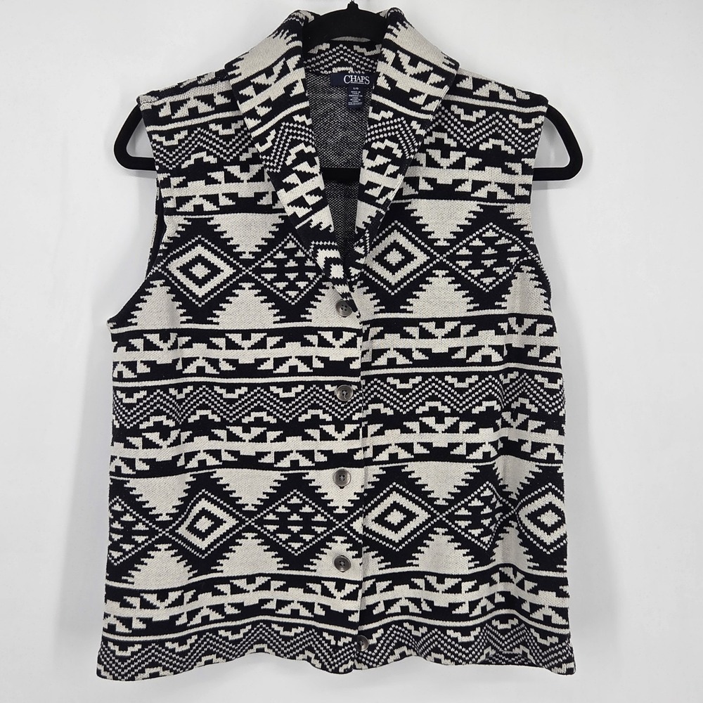 Chaps Knit Vest Womens Large White & Black Aztec Southwestern Tribal Boho